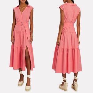INTERMIX Birch Belted Poplin Coral Ruffled Button Front Midi Dress Womens Size 8